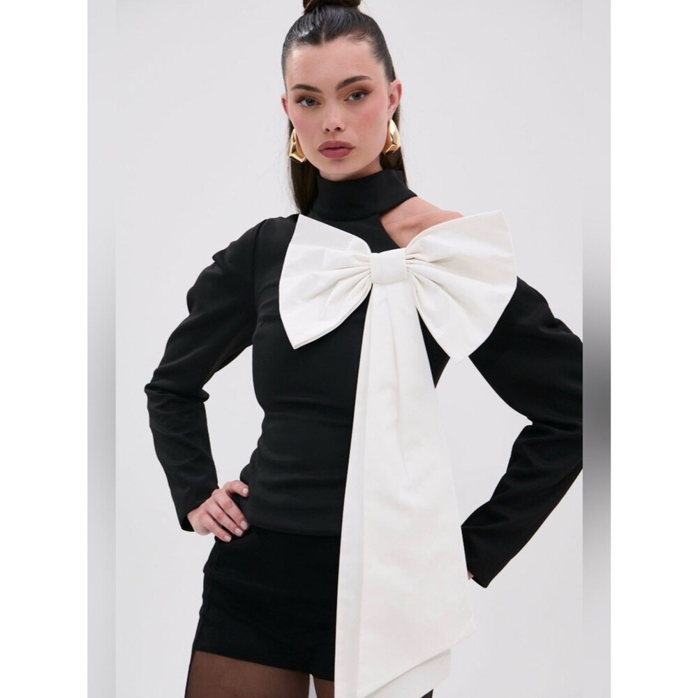 Akira Dayanne Mock Neck Long Sleeve Black Top with Statement White Bow